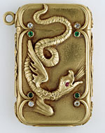Jeweled Dragon matchsafe, manufactured by Theodore B. Starr, New York, NY, 1905-1915. Gold, diamonds, emeralds, rubies. Cooper-Hewitt, National Design Museum, Smithsonian Institution; gift of Stephen W. Brener and Carol B. Brener, 1978. Photography by Matt Flynn. On display at the The Brandywine River Museum's exhibit Strikingly Beautiful: Pocket Matchsafes, 1850-1910.