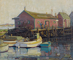 Anne Ramsdell Congdon (1873-1958), Yerxa's Boat Shop, 1936, oil on canvas board, 32 x 37 inches. Signed and dated llc. Collection of Mr. and Mrs. Richard Congdon.