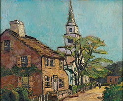 Richard Hayley Lever (1876-1958), Summer Street, ca. 1936. Oil on board, 9-3/4 x 12 inches. Signed lower right corner. Collection of the Nantucket Historical Association; gift of the Friends of the Nantucket Historical Association. 1996.5.1.