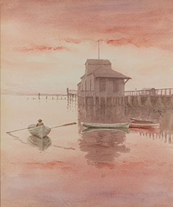 Jane Brewster Reid (1862&-1966), Rowboats, ca. 1910s. Watercolor on paper, 9 x 7-1/2 inches. Signed middle right. Collection of Max and Heidi Berry.
