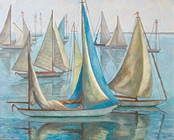 Elizabeth Saltonstall (1900–1990), Peaceful Boats, ca. 1950. Oil on canvas, 24 x 30 inches. Signed lower left corner. Collection of Meredith and Eugene Clapp.