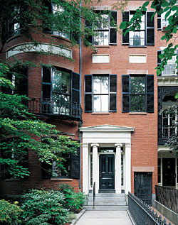 Click Here for Enlarged View A white marble Ionic portico marks the front door of the lavish Greek Revival row house Edward Shaw (1784-1859) designed for Adam and Mary Thaxter. Shaw's influence was greatest in the field of architectural education. In his introduction to a 1996 reprint of Shaw's 1854 classic, The Modern Architect: A Classic Victorian Stylebook and Carpenter's Manual, Earle Shettleworth writes,