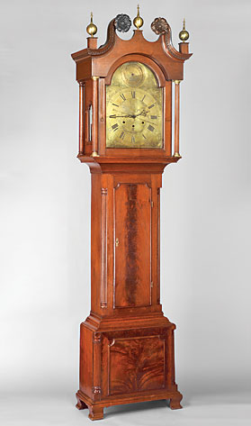 Fig. 11: Tall-case clock, movement by John Fisher (1736–1808), York, York County, Penn-sylvania, 1790–1800. Walnut, tulip-poplar, brass, bronze, iron, steel, silver; glass. H. 104-3/4, W. 27, D. 15 in. York County Heritage Trust.