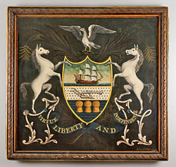 Fig. 12: Pennsylvania coat of arms by John Fisher (1736–1808), York, York County, Pennsylvania 1796. Oil on panel. H. 38, W. 39-3/4, D. 2-1/2 in. York College of Pennsylvania.
