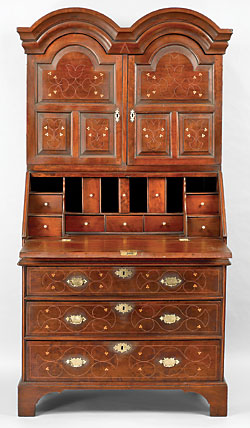 Fig. 2: Desk-and-bookcase made for William Montgomery, Nottingham area, Chester County, Pennsylvania, 1725–1740. Cherry, chestnut, tulip-poplar, oak, white pine, walnut, holly, brass. H. 76, W. 37¾, D. 21½ in. Rocky Hill Collection.