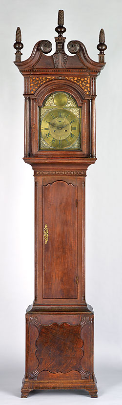 Fig. 3: Tall-case clock, movement by Benjamin Chandlee Jr. (1723–1791), case by Jacob Brown (1746–1802), Nottingham area, Chester County, Pennsylvania, 1788. Walnut, hard pine, tulip-poplar, brass, iron, bronze, steel, glass. H. 107½, W. 25½, D. 14½ in. Collection of Mr. and Mrs. John McDowell Morris and Family.