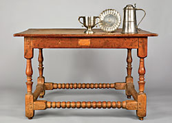 Fig. 4: Communion table, probably Lancaster County, Pennsylvania, 1720–1745. Walnut. H. 29, W. 47?, D. 33? in. Two-handle cup and flagon, William Eddon (active 1690–1737), London, 1720–35. Paten, Richard King (active 1745–1798), London, 1745–75. Pewter. Donegal Presbyterian Church, Mount Joy, Pa.