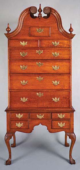 Fig. 5: High chest of drawers by Seth Pancoast (1718-1792), Marple Township, Chester (now Delaware) County, Pennsylvania, 1766. Maple, tulip-poplar, chestnut, maple, brass. H. 95, W. 41-5/8, D. 22-3/8 in. Winterthur Museum, promised gift of John J. Snyder Jr.