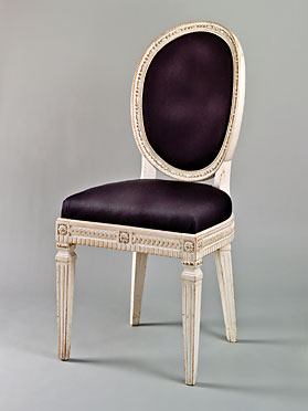 Fig. 8: Liturgist’s chair attributed to Johann Friedrich Bourquin (1762–1830), Bethlehem, Northampton County, Pennsylvania, 1803–1806. Maple, paint, wool (modern), cotton, linen, leather, hair, iron. H. 39-1/4, W. 18-1/2, D. 18 in. Moravian Archives, Bethlehem, Pa.