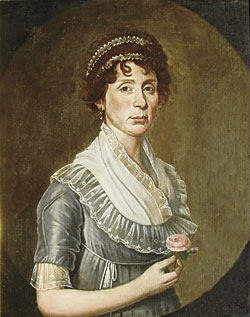 Fig. 7: William Jennys (1774–1859), Woman with Double Head Band, ca. 1805. Oil on canvas, 30 x 25 inches. Private collection. This portrait is unusual as the arm is in front of the spandrel. It was among the few items that noted Connecticut antiques dealer Mary Allis retained until her passing. 