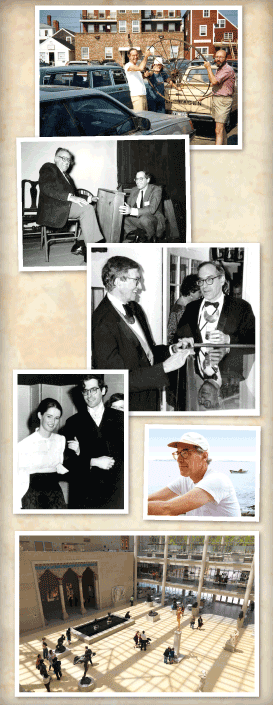 IMAGES FROM TOP: Damariscotta, Maine, with Christopher Monkhouse, ca. 1990.  With Harold Sack at Old Sturbridge Village, 1985.  With Wendell Garrett, ca. 1995.  Maine, 1985.  With Fenella at The Metropolitan Museum of  Art Centennial Ball, 1970.  The renovated Charles Engelhard Court, completed in 2009 as Phase II of the  American Wing overhaul.  © The Metropolitan Museum of Art.