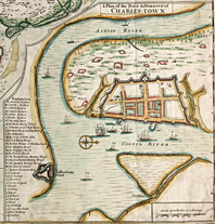 Fig. 3: One of the earliest known maps of the early fortified city, A Plan of the Town & Harbour of Charles-Town (1711), by Edward Crisp, reveals the dense settlement pattern of the city, organized in city blocks. It also shows the importance of the waterfront along the Cooper River, and how the city walls were wedged between substantial creeks to the north and the south. Library of Congress Prints and Photographs Online Catalogue.