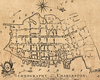 Fig. 5: Ichnography of Charleston, South-Carolina (1788), by Edmund Petrie, shows the growth of the city and the realization of the early “Grand Modell” plan, which called for an orderly grid of streets centered on a civic square, extending beyond the original city walls. This map exhibits the rapid pace of development that occurred in Charleston throughout the mid-eighteenth century. Library of Congress Prints and Photographs Online Catalogue.