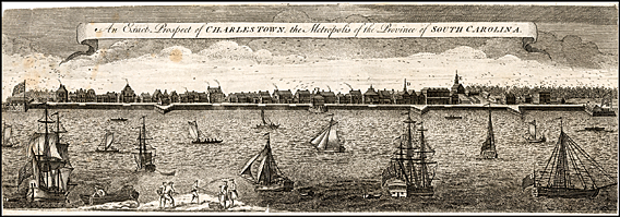 Fig. 4: Entitled An Exact Prospect of Charles-Town, the Metropolis of the Province of South Carolina (1739), this engraving by Bishop Roberts provides a rare glimpse of the buildings constructed along the waterfront before the devastating fire of 1740. With its medley of architectural forms, it could have been mistaken for a port city in England or Barbados. Library of Congress Prints and Photographs Online Catalogue.
