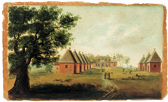 Fig. 12: Mulberry Plantation, also called “Mulberry Castle” by some romantics of the nineteenth century, was built by Thomas Broughton, a planter, Indian trader, soldier, and politician from a prominent British family. The plantation was modeled after Seaton, the Broughton family estate in England. The house was designed in the Jacobean baroque style, as seen in the large windows and the small pseudo-military towers. Also distinctive to the Mulberry Plantation are the corner pavilions and gambrel roof. The brick houses lining the “street,” now destroyed, once served as slave cabins. Coram also included details of plantation life, such as figures carrying tools and animals grazing.