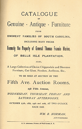 Title page, Catalogue of genuine Antique Furniture from eminent families of South Carolina, Fifth Avenue Auction Rooms in New York City, 1894. Courtesy, The Charleston Museum.  