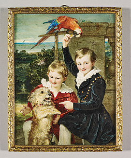 Sir William Ross (1794–1860), Prince Ernest and Prince Edward of Leiningen with a Macaw, 1839. Watercolor on ivory laid on card, 190 x 147 mm. Commissioned by Queen Victoria in 1839. Royal Collection © 2010, Her Majesty Queen Elizabeth II. 