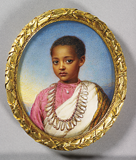 Reginald Easton (1807–1892), Alamaiou, son of Theodore Emperor of Abyssinia, 1868. Watercolour on ivory laid on the original backing card, 95 x 80 mm. Painted at Osborne House for Queen Victoria; her payment of 10 guineas to Easton is recorded in the accounts on 25 September 1868. Royal Collection © 2010, Her Majesty Queen Elizabeth II.  
