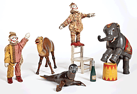 Fig. 7: Selection of jointed wooden figures and accessories from the Humpty Dumpty Circus, Albert Schoenhut Company, Philadelphia, early twentieth century. Average H. 7 in. Courtesy, Philadelphia History Museum.