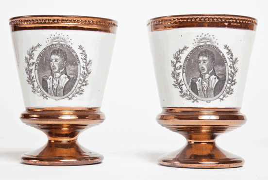 Fig. 4: Pair of footed goblets with overglaze portrait of Lafayette. Glass with copper lustre glaze. H. 4-1/2, Diam. 3-1/2 in. Probably English, ca. 1824. Courtesy, Germantown Historical Society.