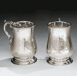 Fig. 2: Pair of silver canns, Philip Syng, Jr., 1750–1755. H. 4-3/8, Diam. 4-7/8 in. Left: Philadelphia Museum of Art: Gift of Lynford Lardner Starr (1992–156–2); Right: Independence National Historical Park (9965).