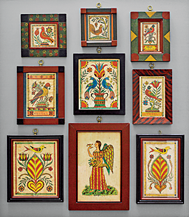 In the entry is a collection of miniature watercolors on paper by David Ellinger (1913–2003), an antiques dealer and artist who painted theorems and fraktur inspired by nineteenth-century Pennsylvania German examples. Dennis acquired them at a Pook & Pook Auction and then mounted the framed paintings on a board.