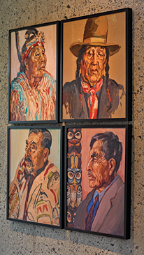 When he lived in Vancouver from 1988 to 1993, Dennis bought a dozen portraits by Mildred Valley Thornton (1890–1967), who, in the 1930s, working directly in oil on canvas, recorded the last of the living Indian chiefs of the Pacific Northwest. When the Canadian government refused to accept her collection on behalf of the people of Canada, Thornton left a codicil in her will directing that the paintings be burned upon her death. The paintings were not burned but dispersed to museums in Canada and to private collections. These four are in the hallway next to a powder room, four more are in the master bathroom, and others are in storage.