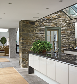 The kitchen is lit with skylights and a glass wall that opens onto the front terrace.