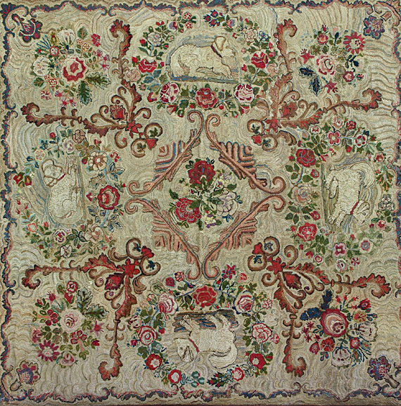 Rare Room-Size Folk Art Pictorial Hooked Rug