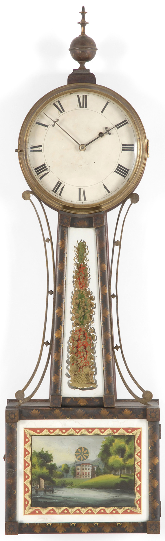 A Classical stencil decorated patent time piece, probably Simon Willard & Son, Roxbury, Massachusetts for retailer John J. Low & Co., Boston, Circa 1828.