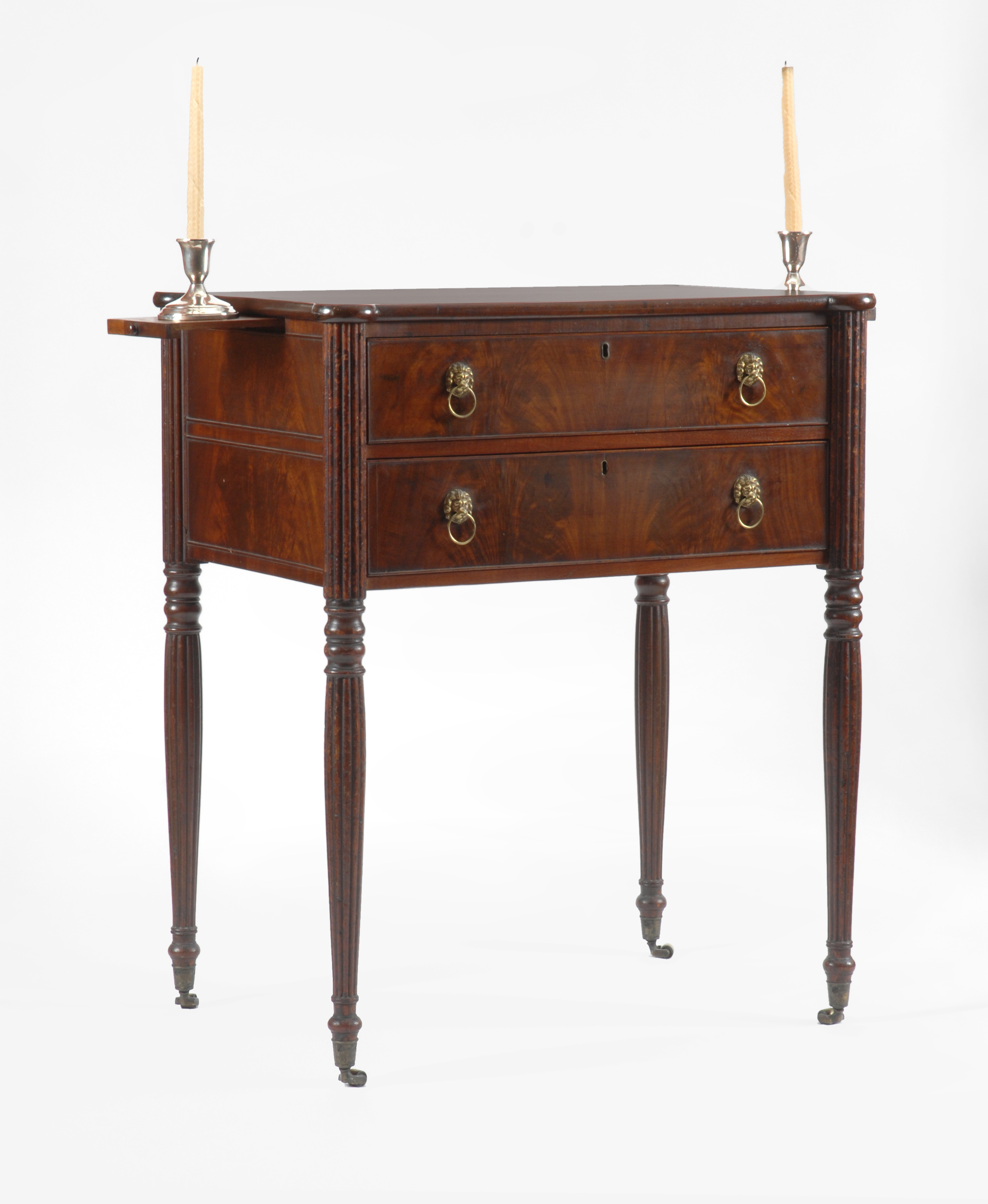 A very fine Sheraton mahogany two drawer work table, attributed to Thomas Seymour Boston, Massachusetts, circa 1815.