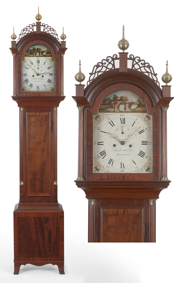 A fine labeled Hepplewhite mahogany tall case clock by Aaron Willard, Boston, circa 1820. The case attributed to his cabinetmaker son Henry Willard.