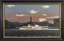 The Hudson River steam boat Oliver M. Pettit, 1857, by James Bard (1815–1897), “exemplifies the perfect color palette,” says Patrick Bell. Exhibited in the The Flowering of American Folk Art, the 1974 Whitney Museum exhibition, the painting was also illustrated in its accompanying catalogue. The painting is inscribed and dated on the lower right.