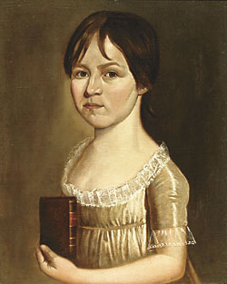 Fig. 5: Richard Jennys (ca. 1734– ca. 1809) or William Jennys (1774–1859), Young Girl Holding a Book by Pope, ca. 1800. Oil on canvas, 20 x 16 inches. Private collection.  Jennys portraits of children were usually painted on a smaller canvas.  