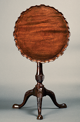 Kettle Stand, Charleston, S.C., ca. 1750–1760. Mahogany. H. 27-5/8, Diam. 21 in. Courtesy, the Rivers Collection, Charleston, S.C. Photograph provided by the Gibbes Museum of Art, where it is currently on view.  The kettle stand is a rarity in American furniture.  Used in conjunction with a larger tea table of similar design and decoration, the simple, bold pattern and heavy veining of this stand is in the Baroque style of such early carvers as Henry Burnett (American, d. 1761), the chief carver of St. Michael’s Church in downtown Charleston.