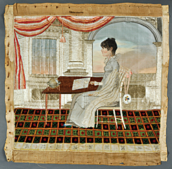 Attributed to Emma Louisa Lanneau Gildersleeve (American, 1804–1859). Embroidery, Charleston, S.C., ca. 1820/25. Silk. 22 x 24 inches. Stitched top middle: Gildersleeve (in cross-stitch); signed back top right: “T” (in ink). Courtesy, the Rivers Collection, Charleston, S.C. Photography by Russell Buskirk.  This rare needlework is the only known silkwork with this type of scene made in Charleston; the majority of others depict biblical, mythological, or classical subjects.  
