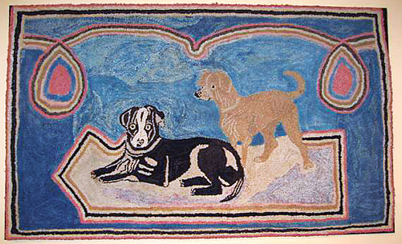 Hooked Rug with Playful Dogs on Wonderful Homespun Blue Background