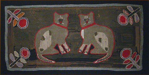 Folk Art Hooked Rug: Double Cats with Flowers