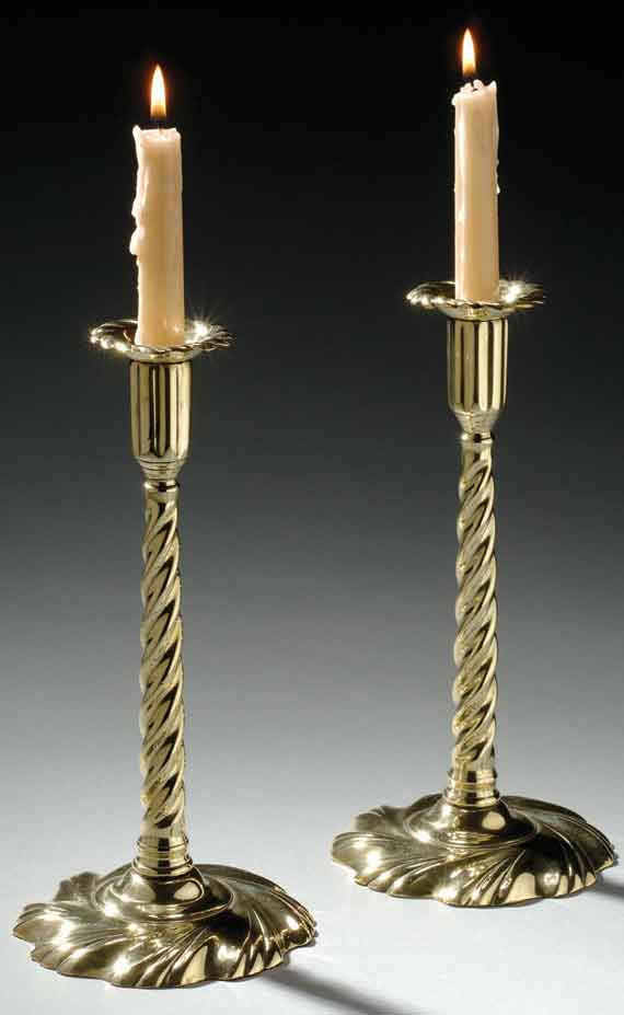 English Brass Exceptionally Rare Swirl Based Candlesticks