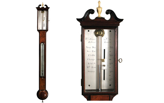 Early English Regency Period mahogany stick barometer by William Harris & Co., London.