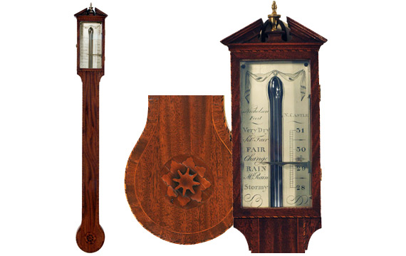 Early 19th century inlaid mahogany stick barometer by James Nicholson, Newcastle upon Tyne
