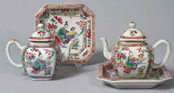 Very Rare Pair of Square Shaped Teapots with Matching Square Stands