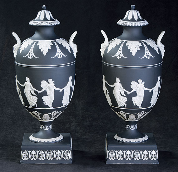 Important Pair of Wedgwood White on Black Jasper Dip Covered Two-Handled Vases