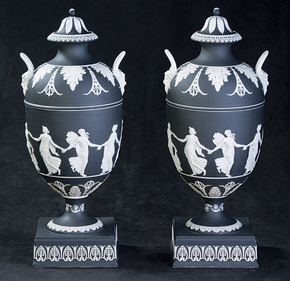 Important Pair of Wedgwood White on Black Jasper Dip Covered Two-Handled Vases