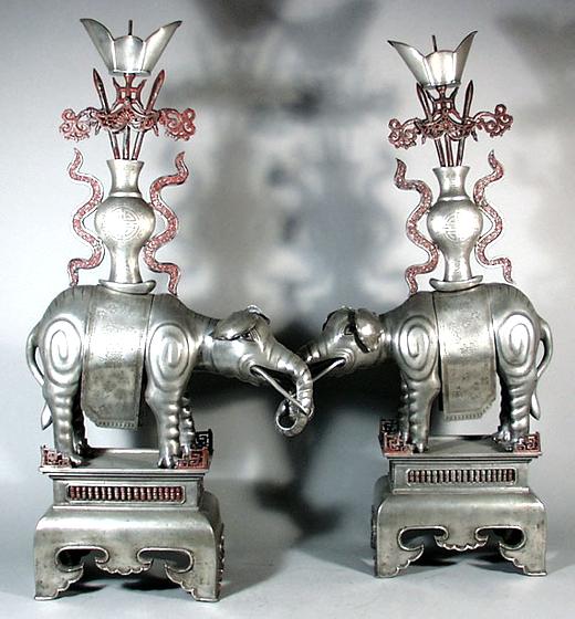 Rare Pair of Chinese Pewter Models of Elephants