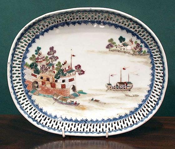 Rare Chinese Export Oval Dish with Folly Fort