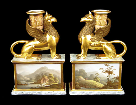 Fine Pair of Porcelain Griffin Candlesticks