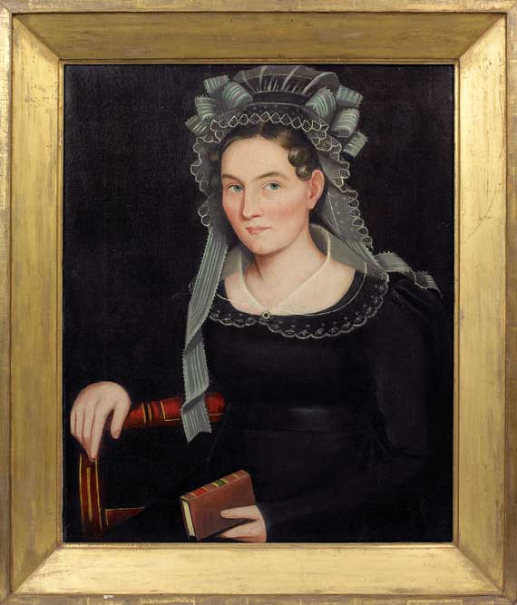 Folk Portrait of a Woman in a Black Dress and White Lace Cap Reading a Red Bible