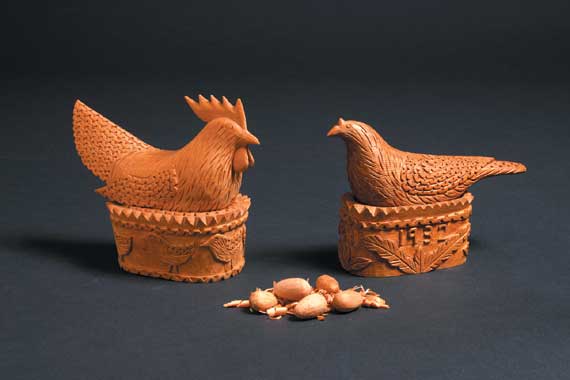 Hen and Rooster on Nests