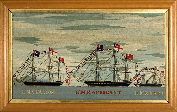 Large British Woolwork with Three Named Fully Dressed Ships